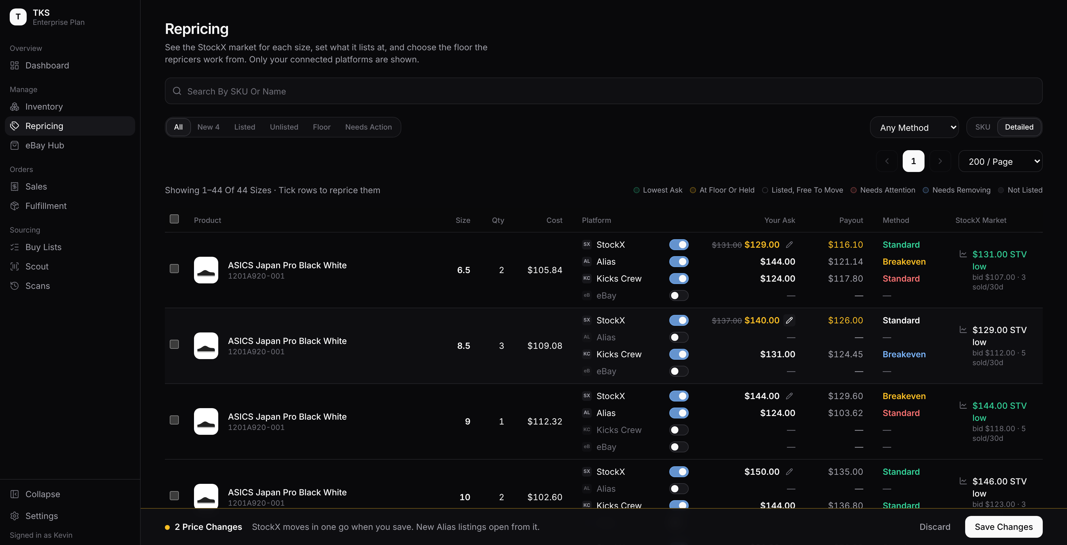 Price changes waiting to be saved